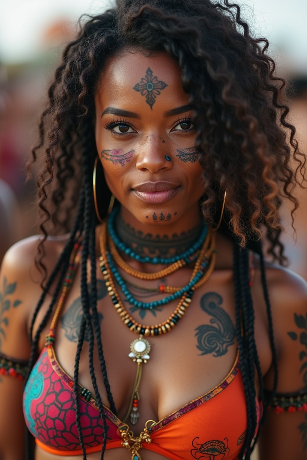 a woman with colorful temporary tattoos and henna art , adding an element of tribal and cultural inspiration to their festival look