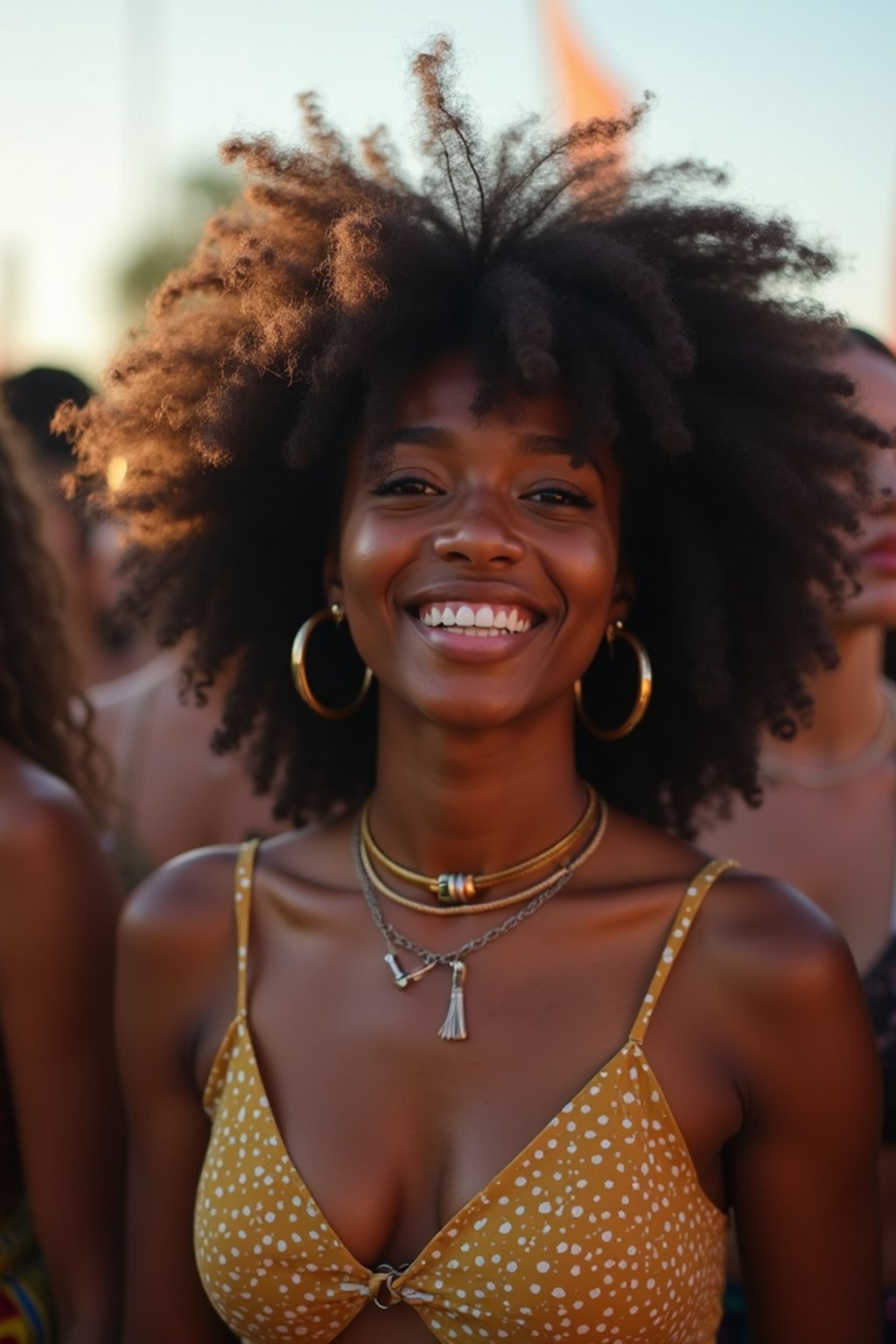 a stunning woman surrounded by a group of friends , capturing the sense of community and celebration at the festival