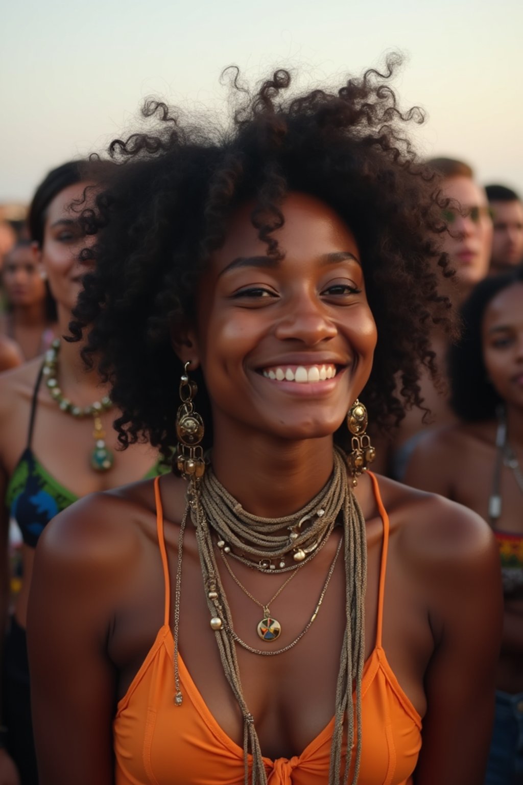 a stunning woman surrounded by a group of friends , capturing the sense of community and celebration at the festival