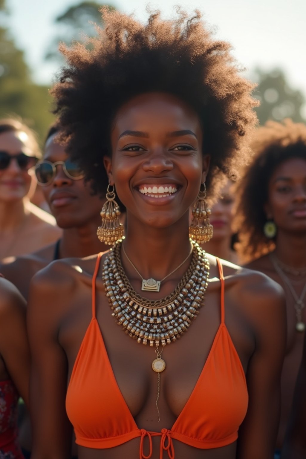 a stunning woman surrounded by a group of friends , capturing the sense of community and celebration at the festival