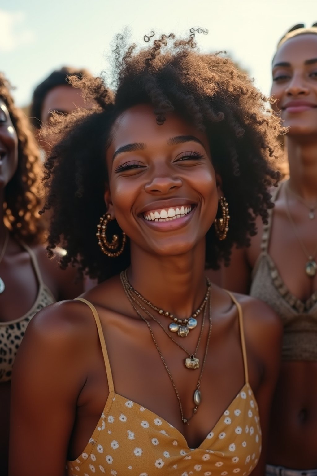 a stunning woman surrounded by a group of friends , capturing the sense of community and celebration at the festival