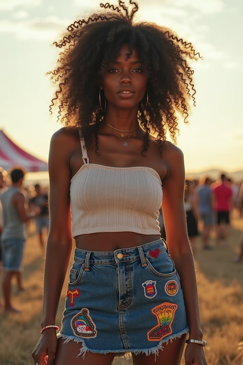 a woman in a crop top and denim skirt with festival patches , embodying the DIY and personalization culture of music festivals