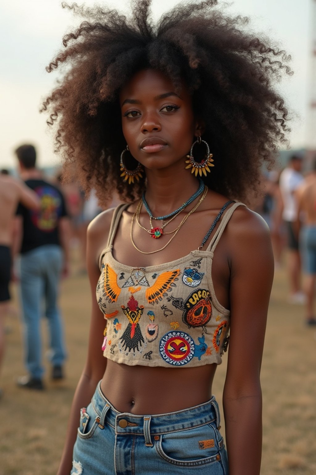 a woman in a crop top and denim skirt with festival patches , embodying the DIY and personalization culture of music festivals