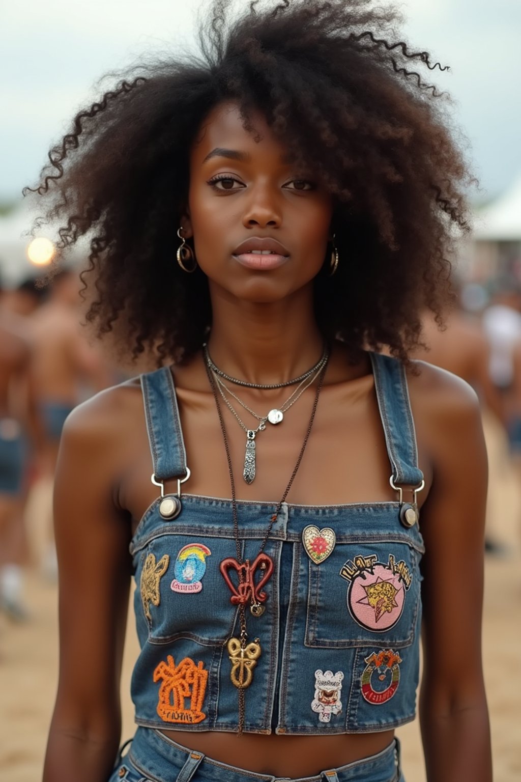 a woman in a crop top and denim skirt with festival patches , embodying the DIY and personalization culture of music festivals