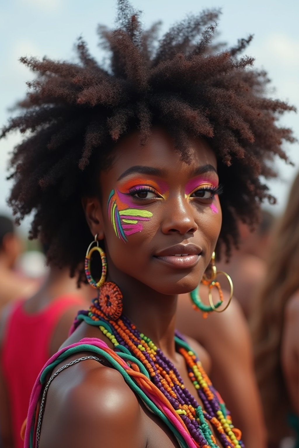 a woman with colorful festival makeup , standing out in the crowd and embracing the festival's vibrant atmosphere