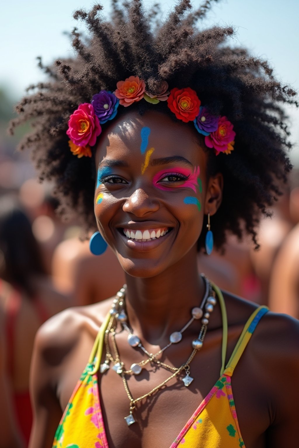 a woman with colorful festival makeup , standing out in the crowd and embracing the festival's vibrant atmosphere