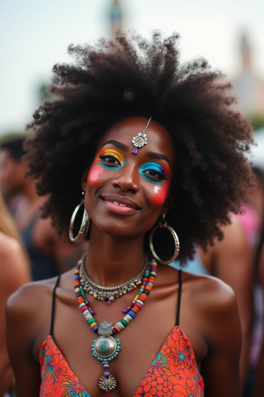 a woman with colorful festival makeup , standing out in the crowd and embracing the festival's vibrant atmosphere