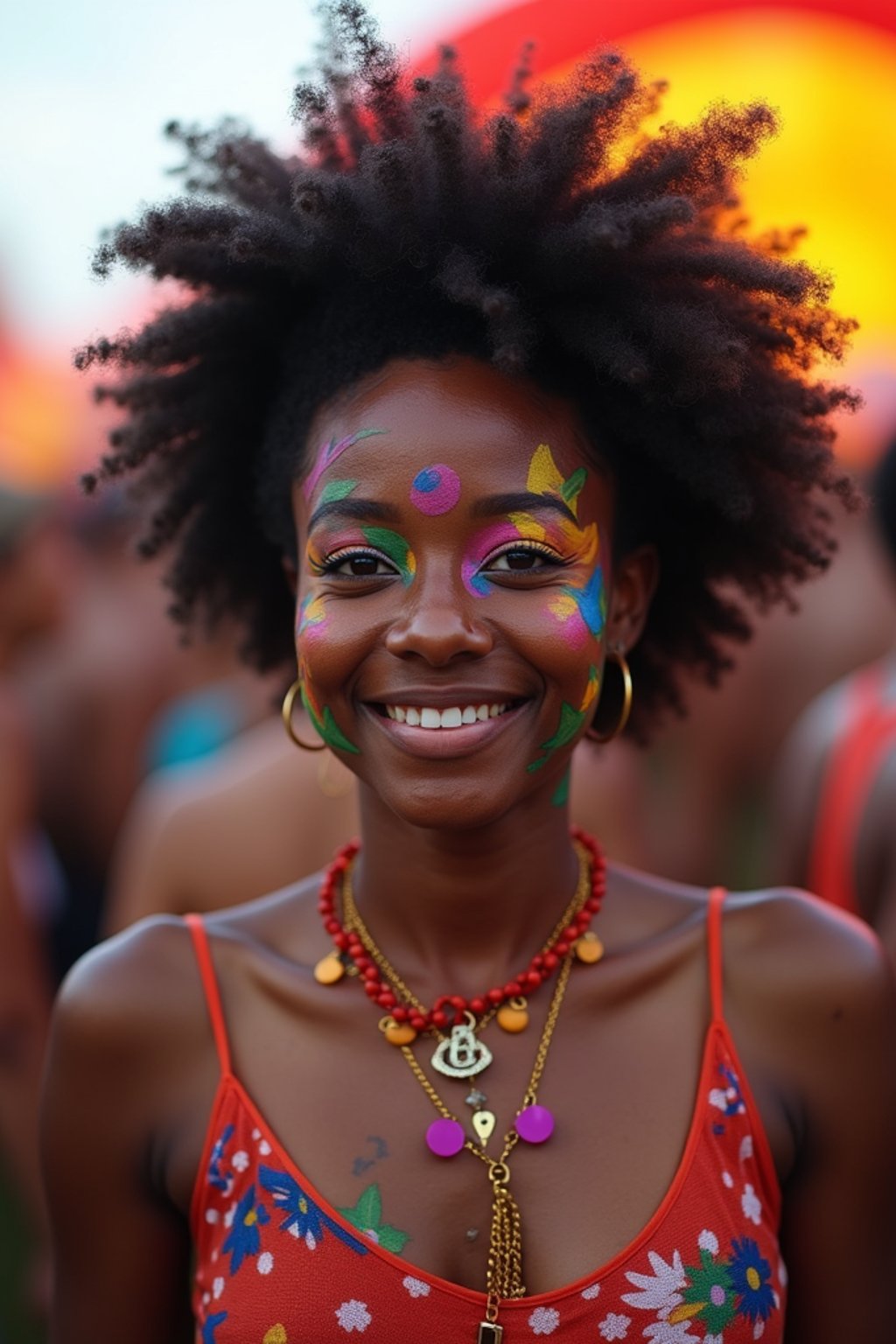 a woman with colorful festival makeup , standing out in the crowd and embracing the festival's vibrant atmosphere