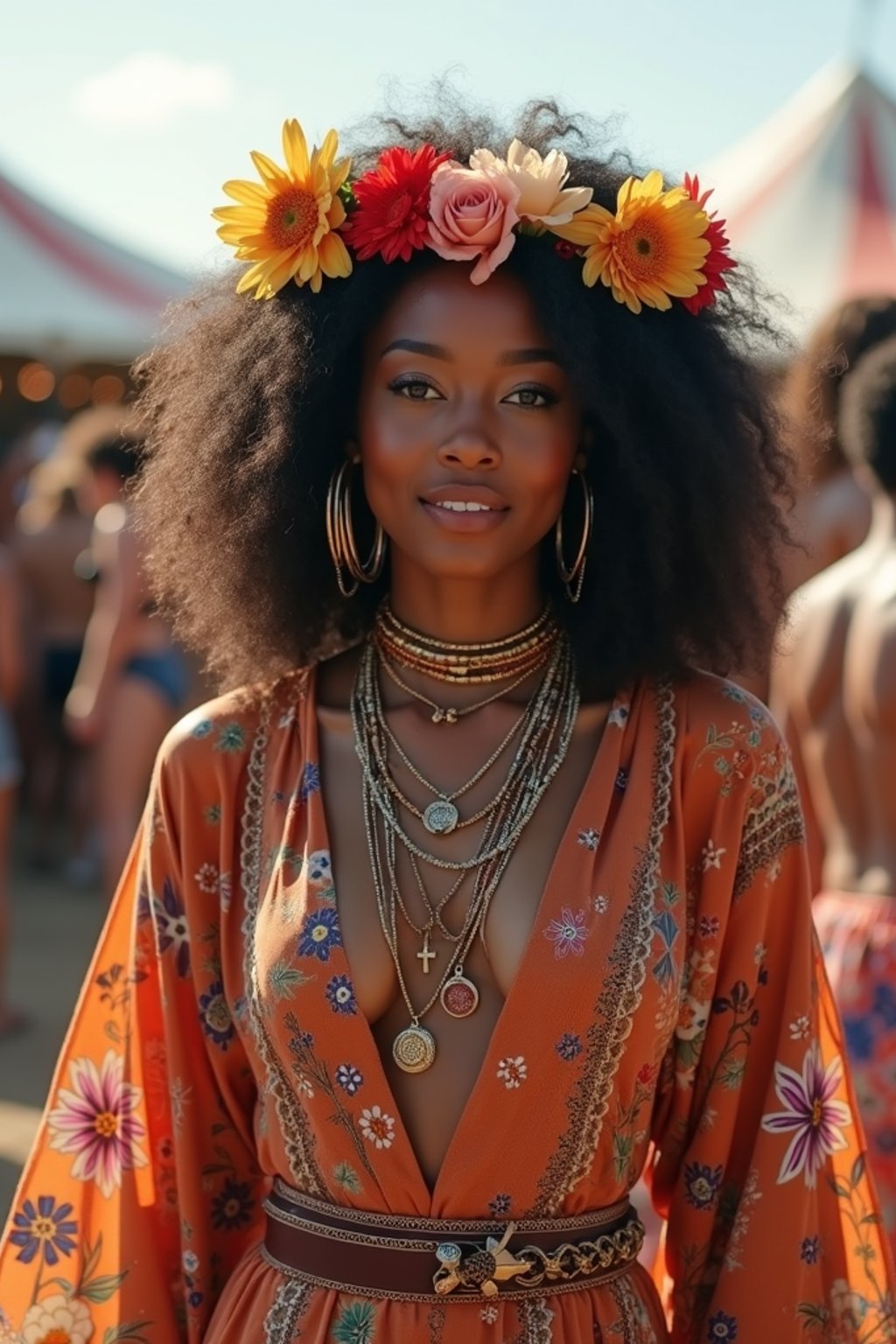 a stunning woman in a flowy kimono and flower crown , embodying the fusion of bohemian and rock n roll styles at the festival