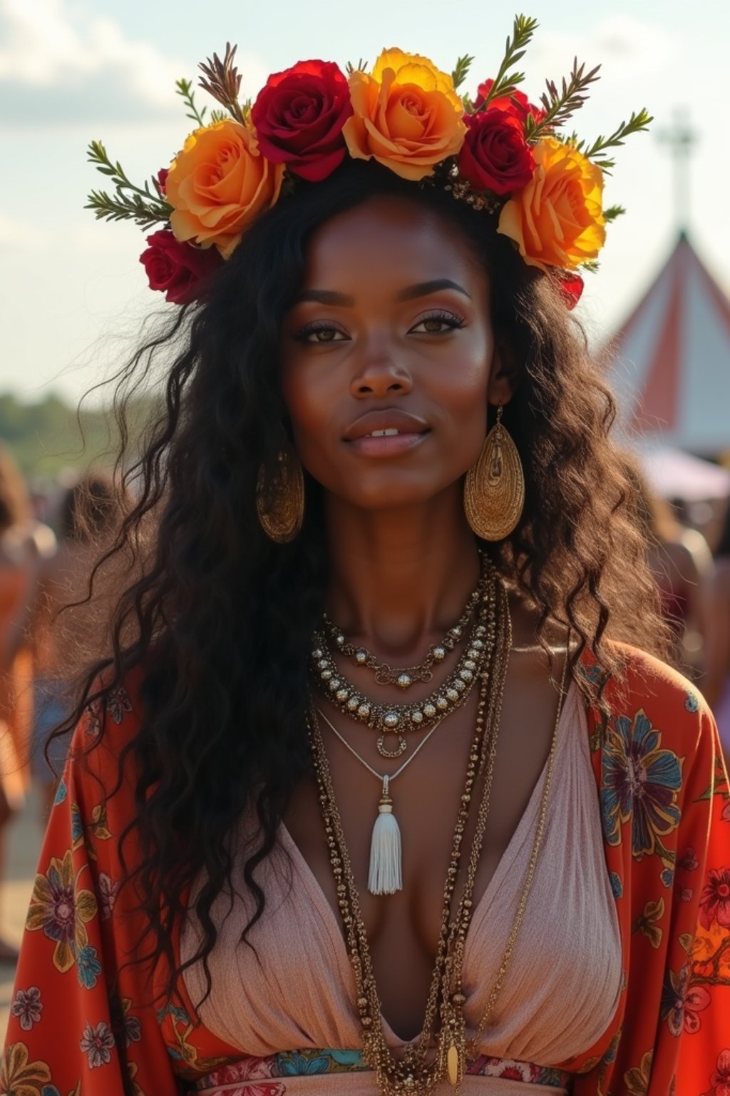 a stunning woman in a flowy kimono and flower crown , embodying the fusion of bohemian and rock n roll styles at the festival