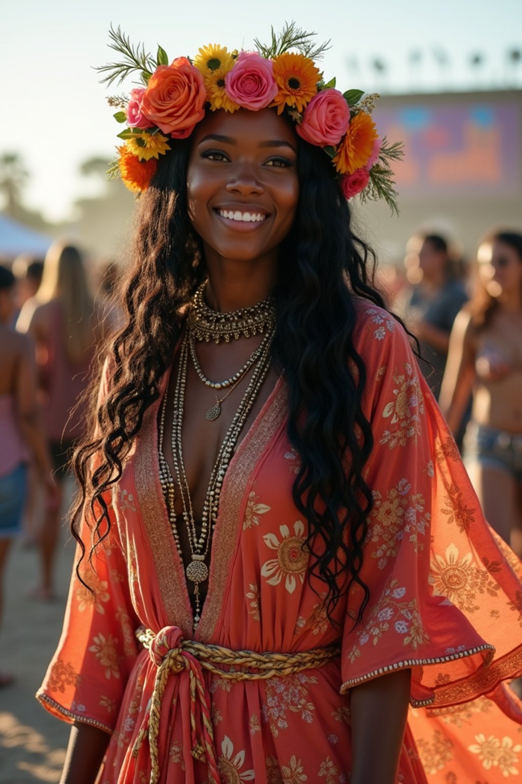 a stunning woman in a flowy kimono and flower crown , embodying the fusion of bohemian and rock n roll styles at the festival