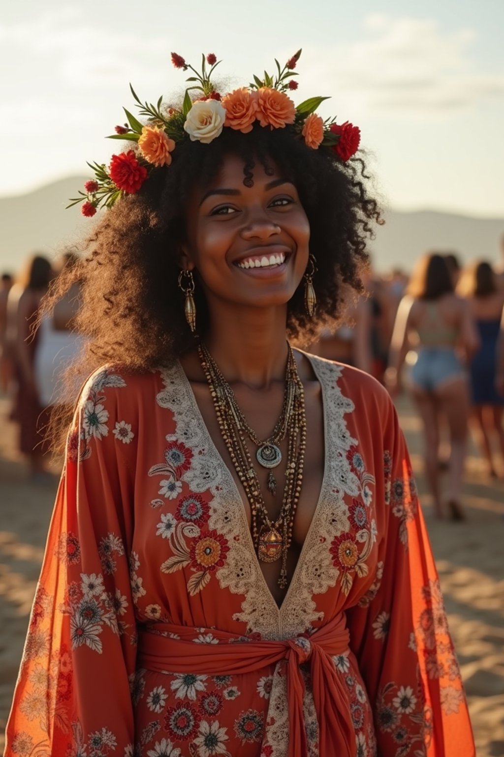 a stunning woman in a flowy kimono and flower crown , embodying the fusion of bohemian and rock n roll styles at the festival