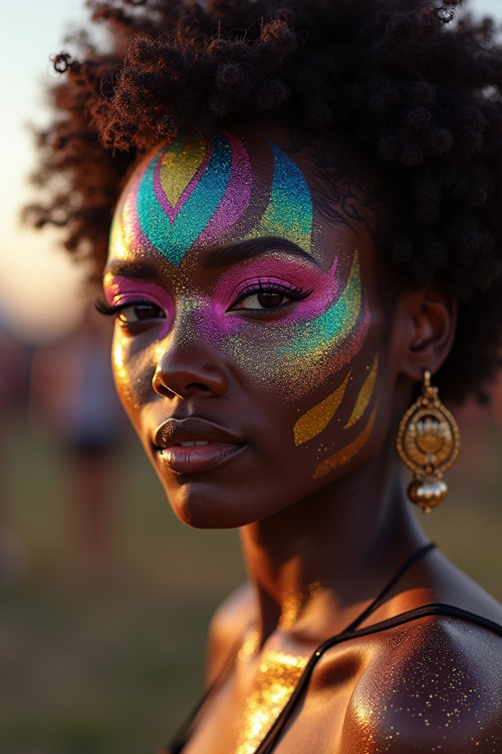 a woman with glittery makeup and body paint , capturing the artistic and expressive side of the music festival experience