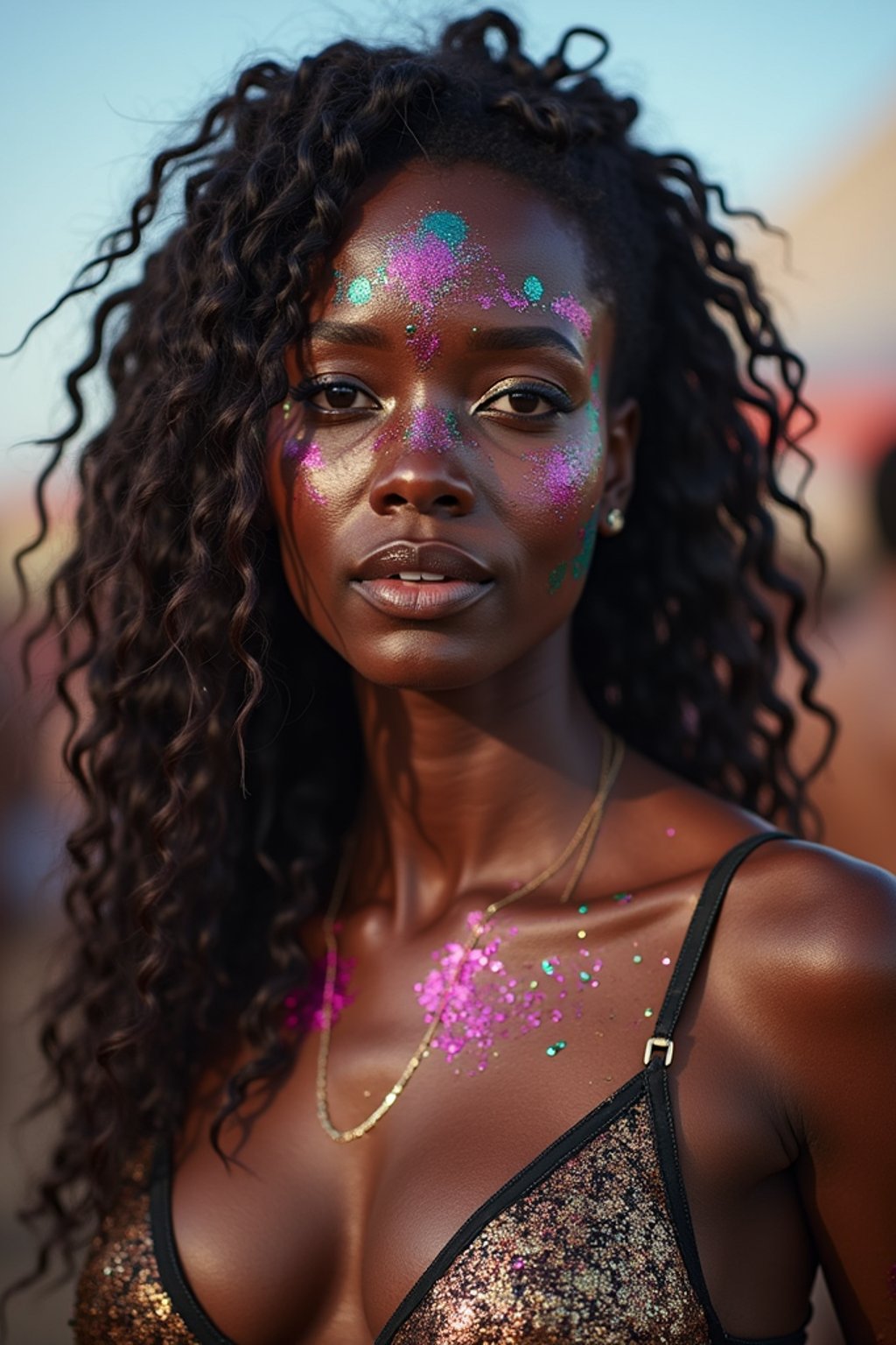 a woman with glittery makeup and body paint , capturing the artistic and expressive side of the music festival experience