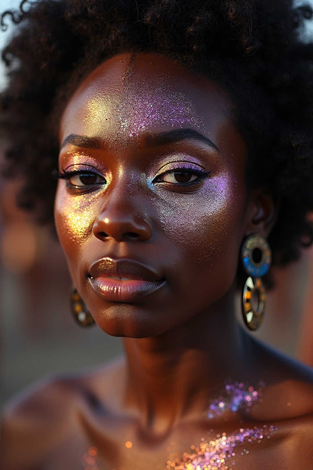 a woman with glittery makeup and body paint , capturing the artistic and expressive side of the music festival experience