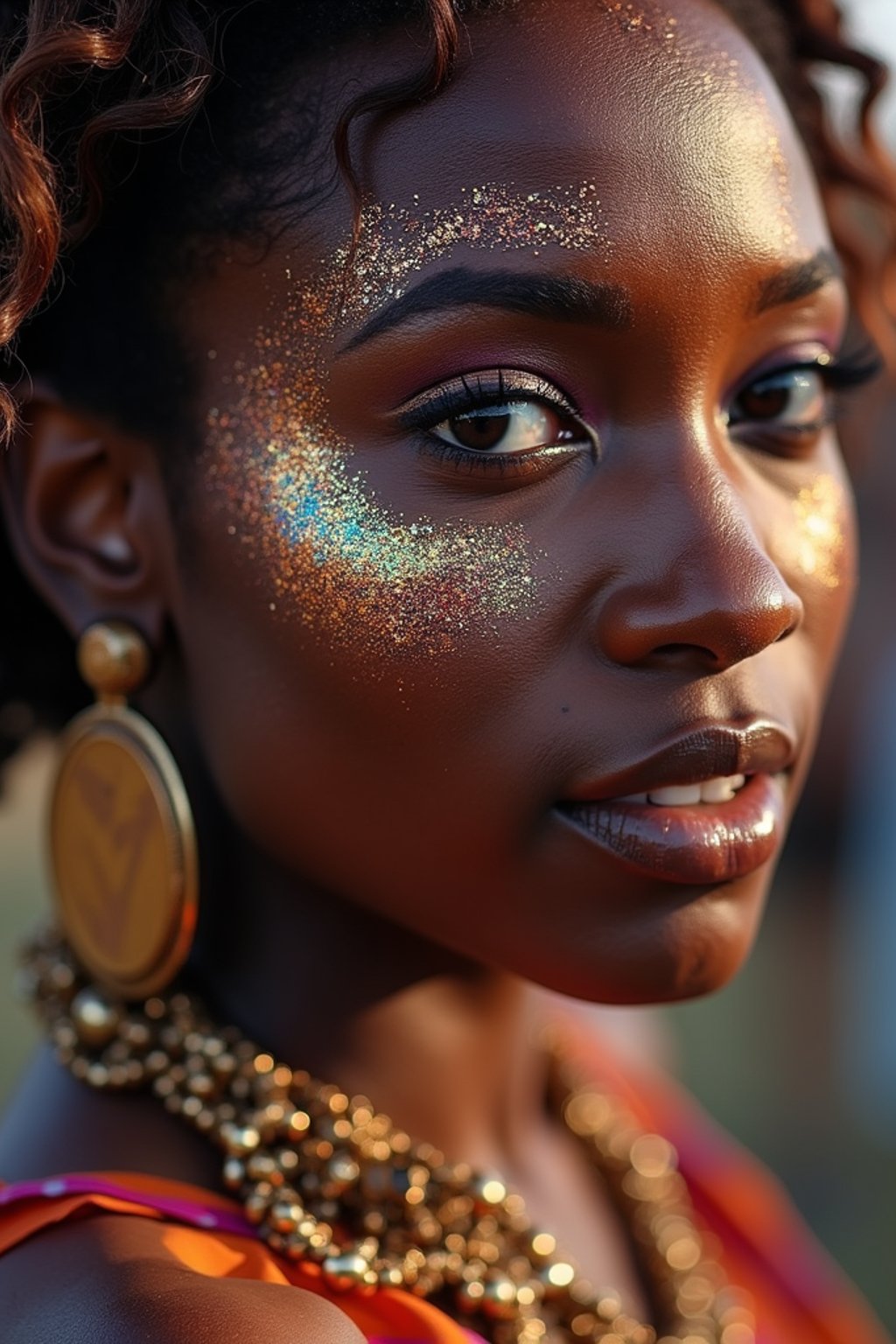 a woman with glittery makeup and body paint , capturing the artistic and expressive side of the music festival experience