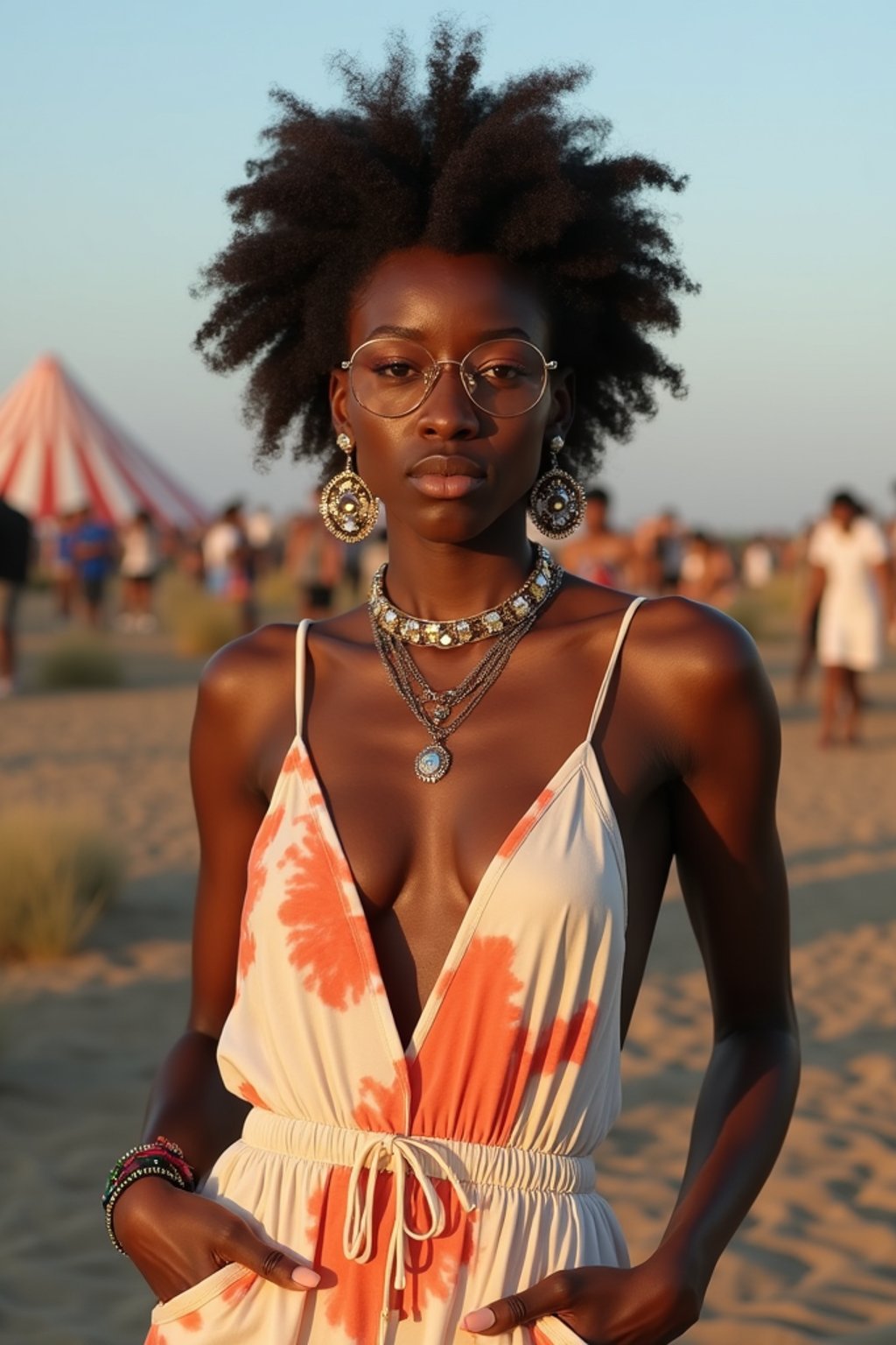 a stunning woman in a tie-dye jumpsuit and statement accessories , capturing their eclectic and fashionable festival look