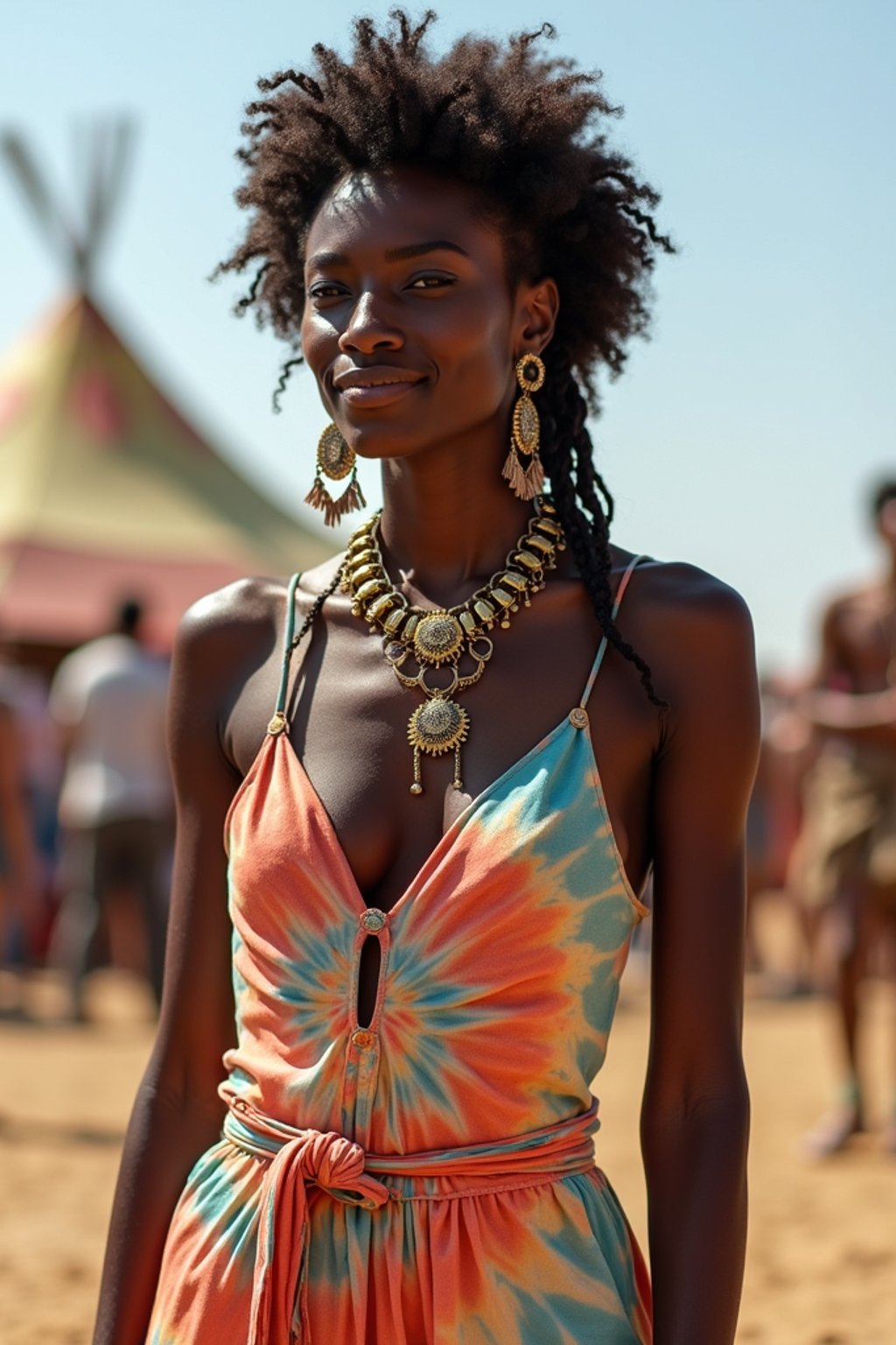 a stunning woman in a tie-dye jumpsuit and statement accessories , capturing their eclectic and fashionable festival look