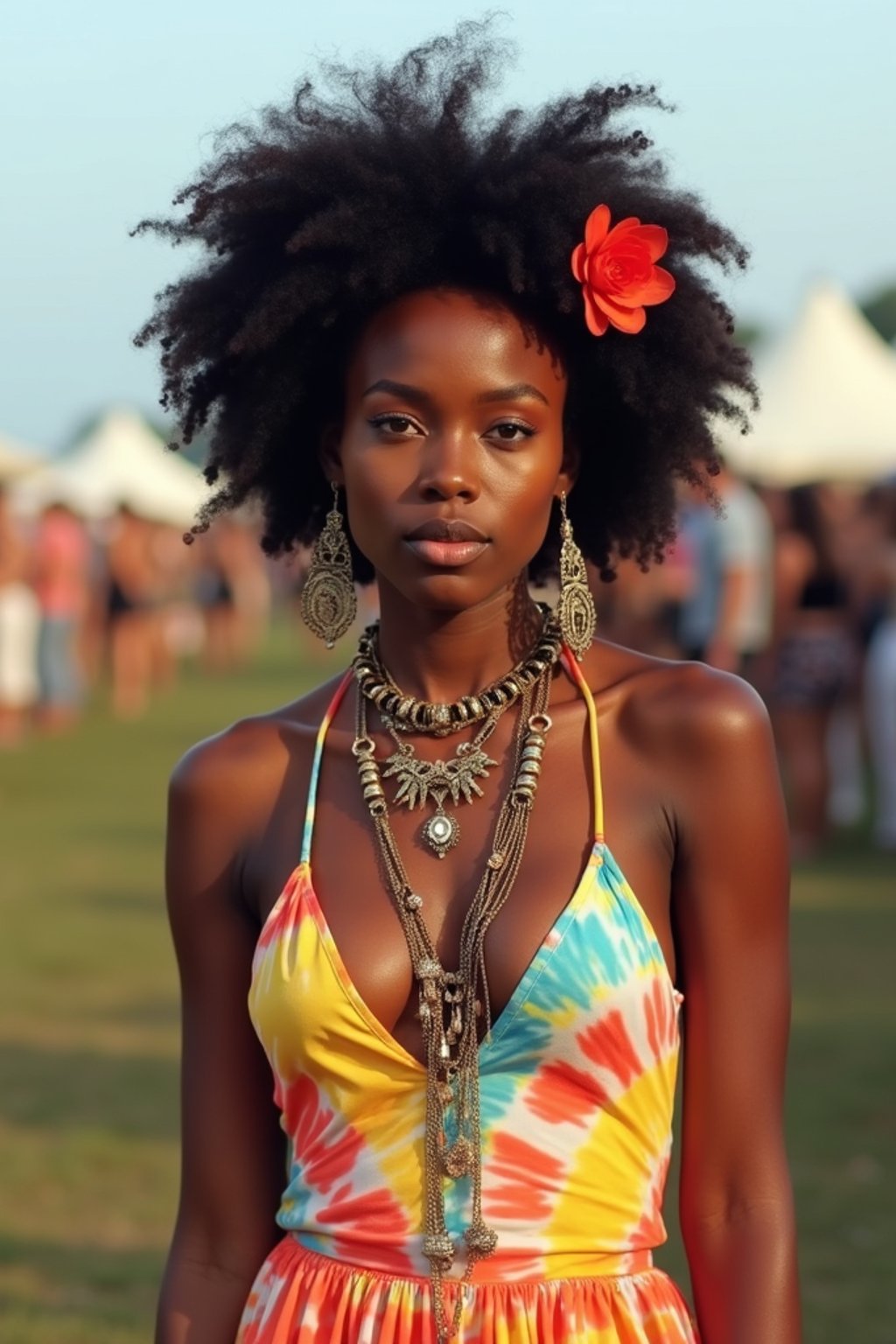 a stunning woman in a tie-dye jumpsuit and statement accessories , capturing their eclectic and fashionable festival look