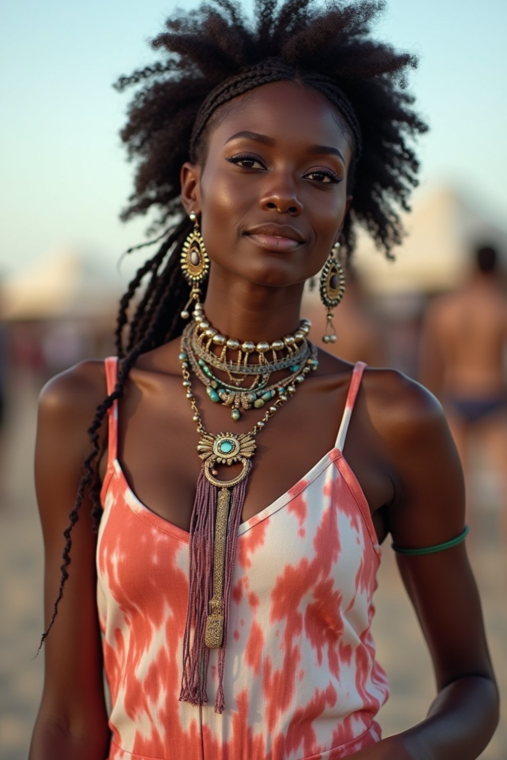 a stunning woman in a tie-dye jumpsuit and statement accessories , capturing their eclectic and fashionable festival look