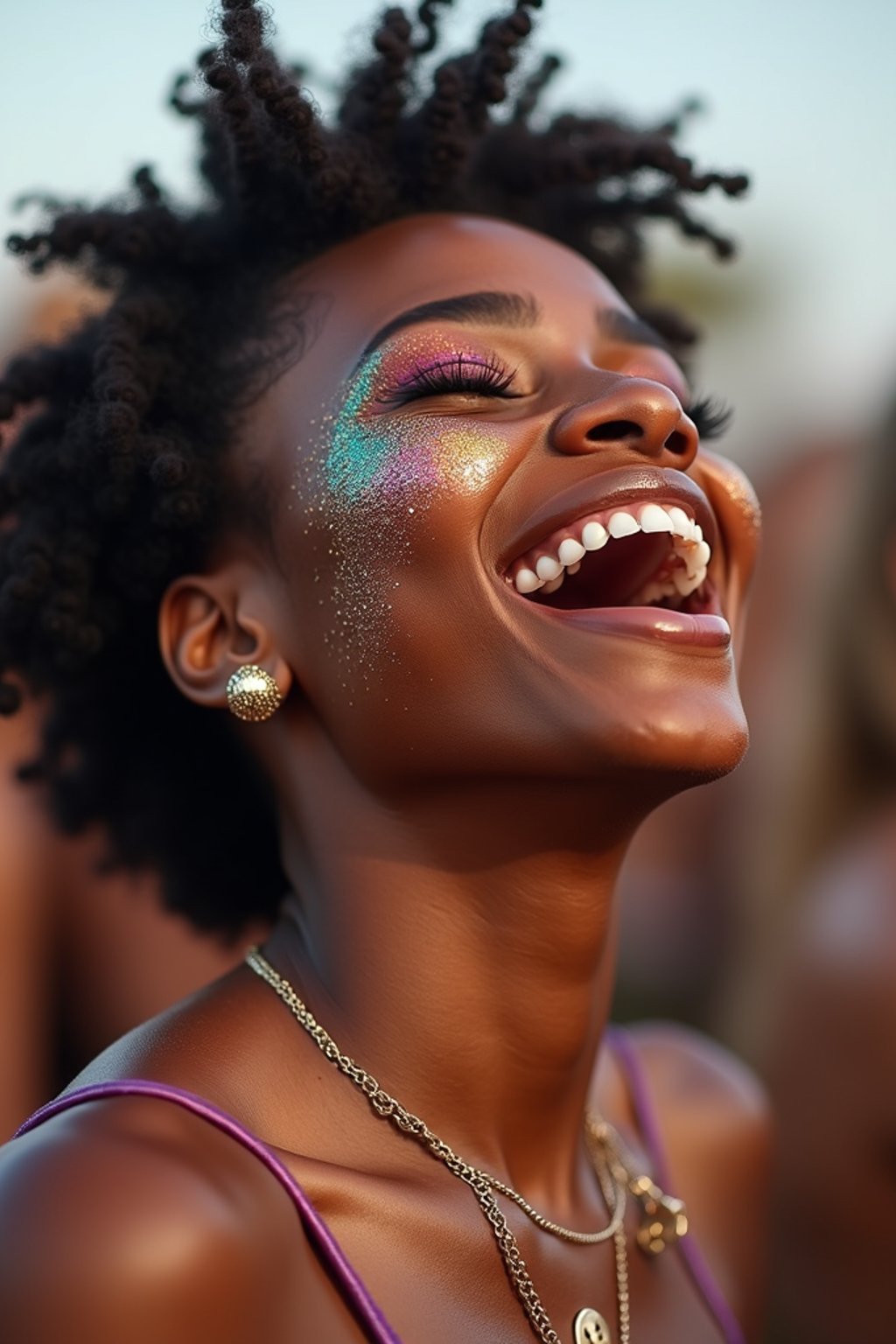 a woman enjoying a live performance on a sunny day, with glitter on their face , radiating the joy and excitement of the festival