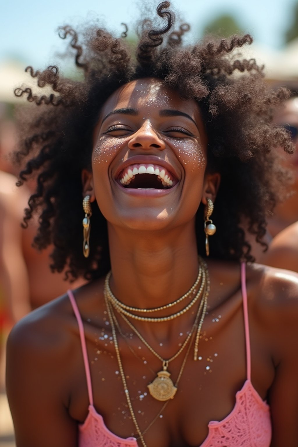 a woman enjoying a live performance on a sunny day, with glitter on their face , radiating the joy and excitement of the festival