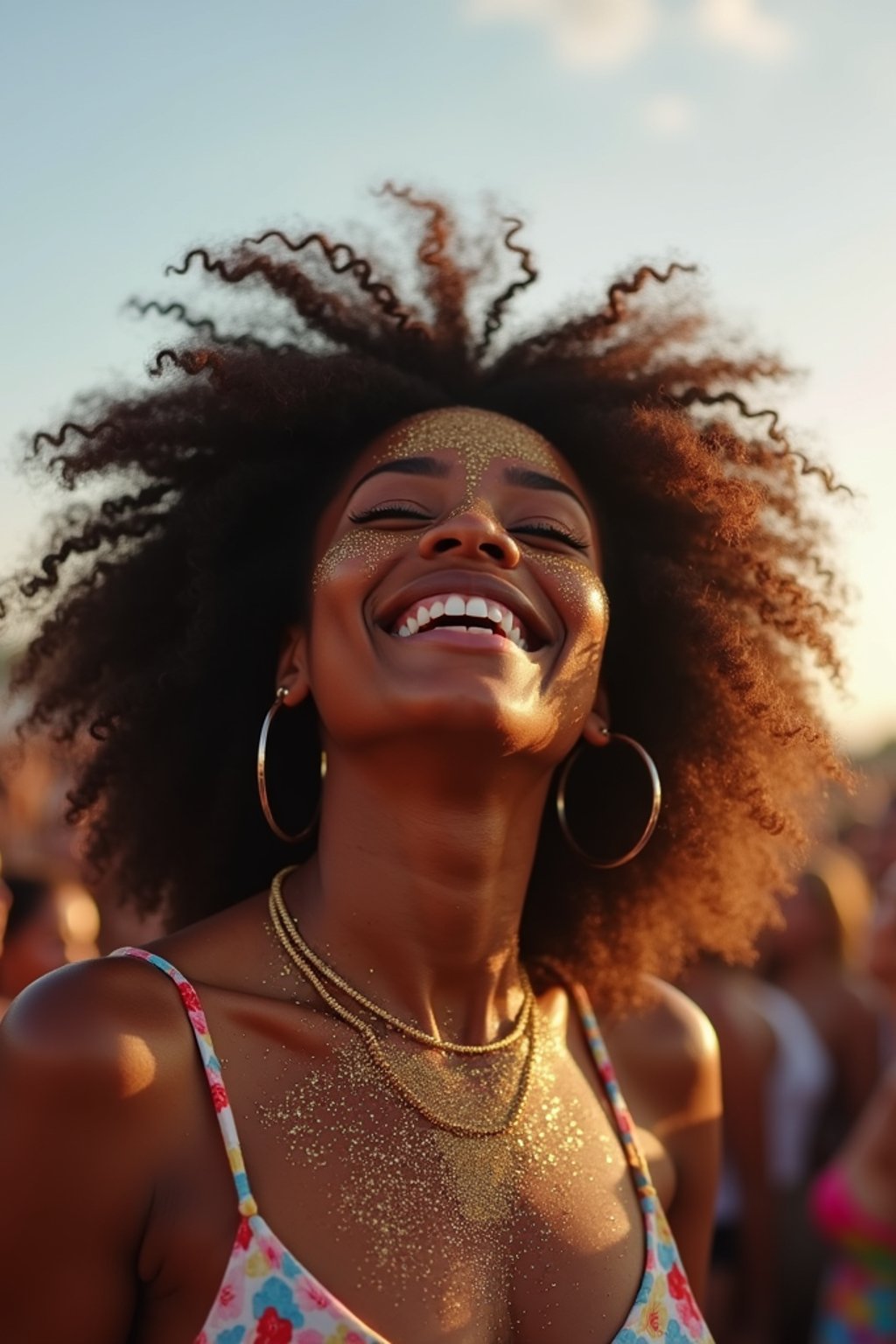 a woman enjoying a live performance on a sunny day, with glitter on their face , radiating the joy and excitement of the festival