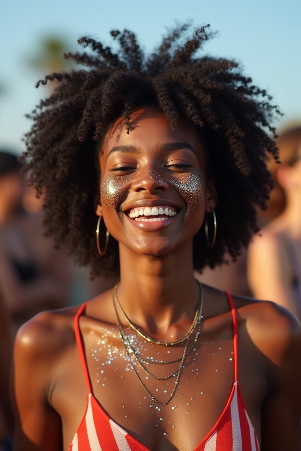 a woman enjoying a live performance on a sunny day, with glitter on their face , radiating the joy and excitement of the festival