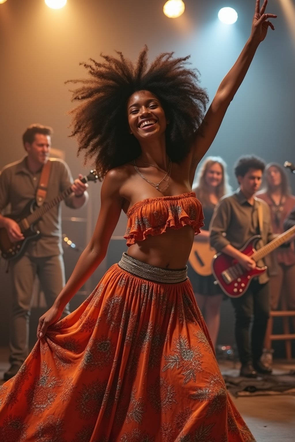 a woman in a flowy bohemian skirt and crop top , capturing their infectious energy and enthusiasm for the music