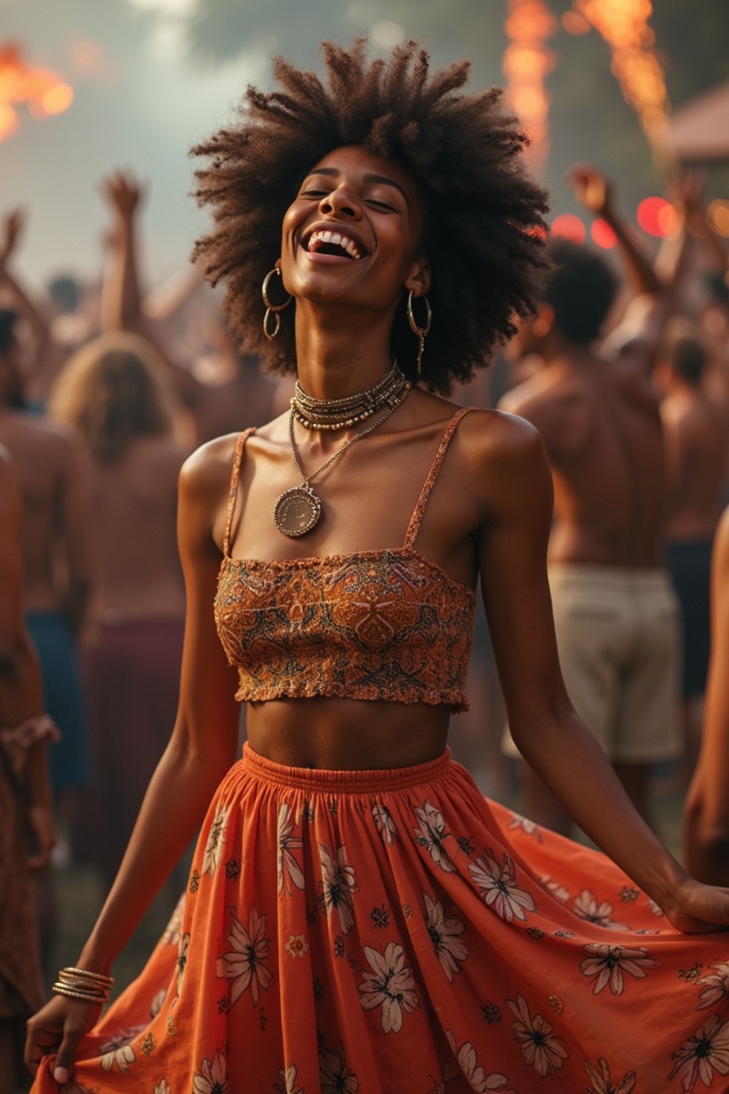 a woman in a flowy bohemian skirt and crop top , capturing their infectious energy and enthusiasm for the music