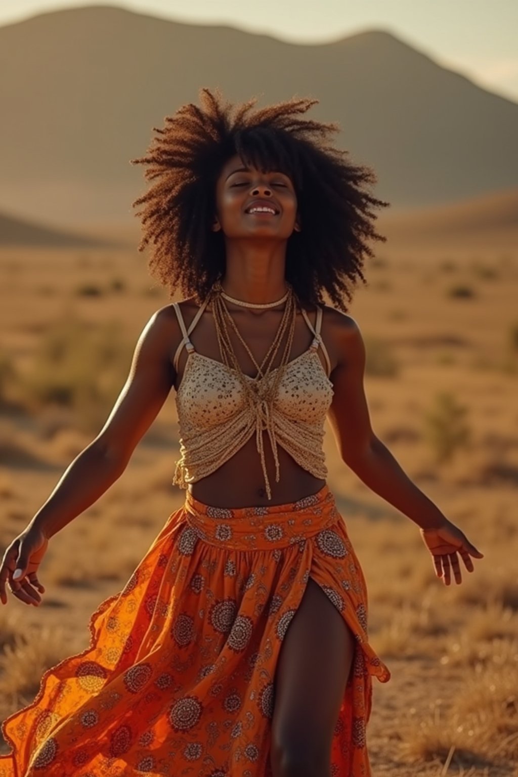 a woman in a flowy bohemian skirt and crop top , capturing their infectious energy and enthusiasm for the music