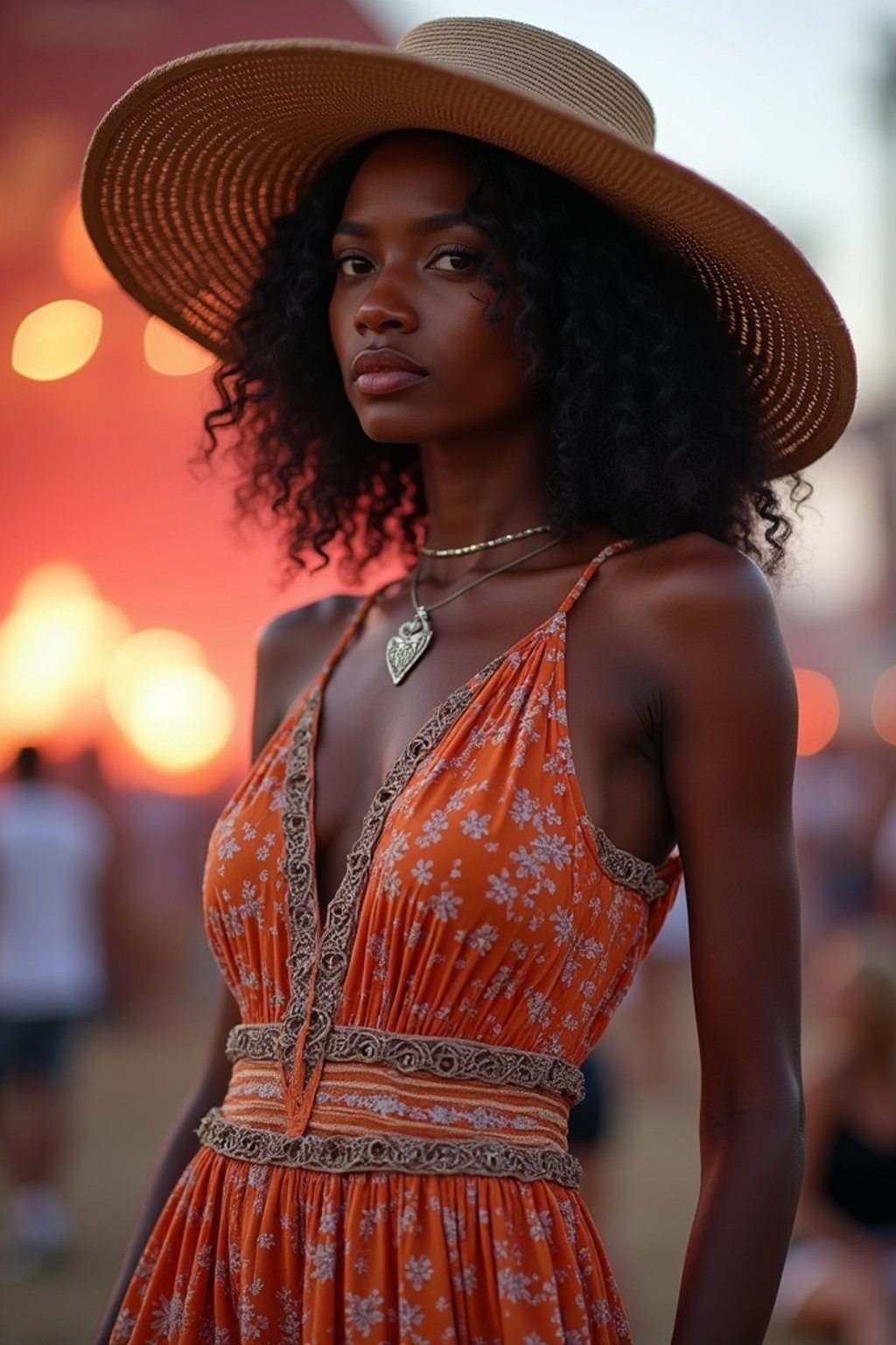 a woman in a bohemian jumpsuit and a wide-brimmed hat , striking a pose in front of a stage backdrop, capturing the excitement of a music festival