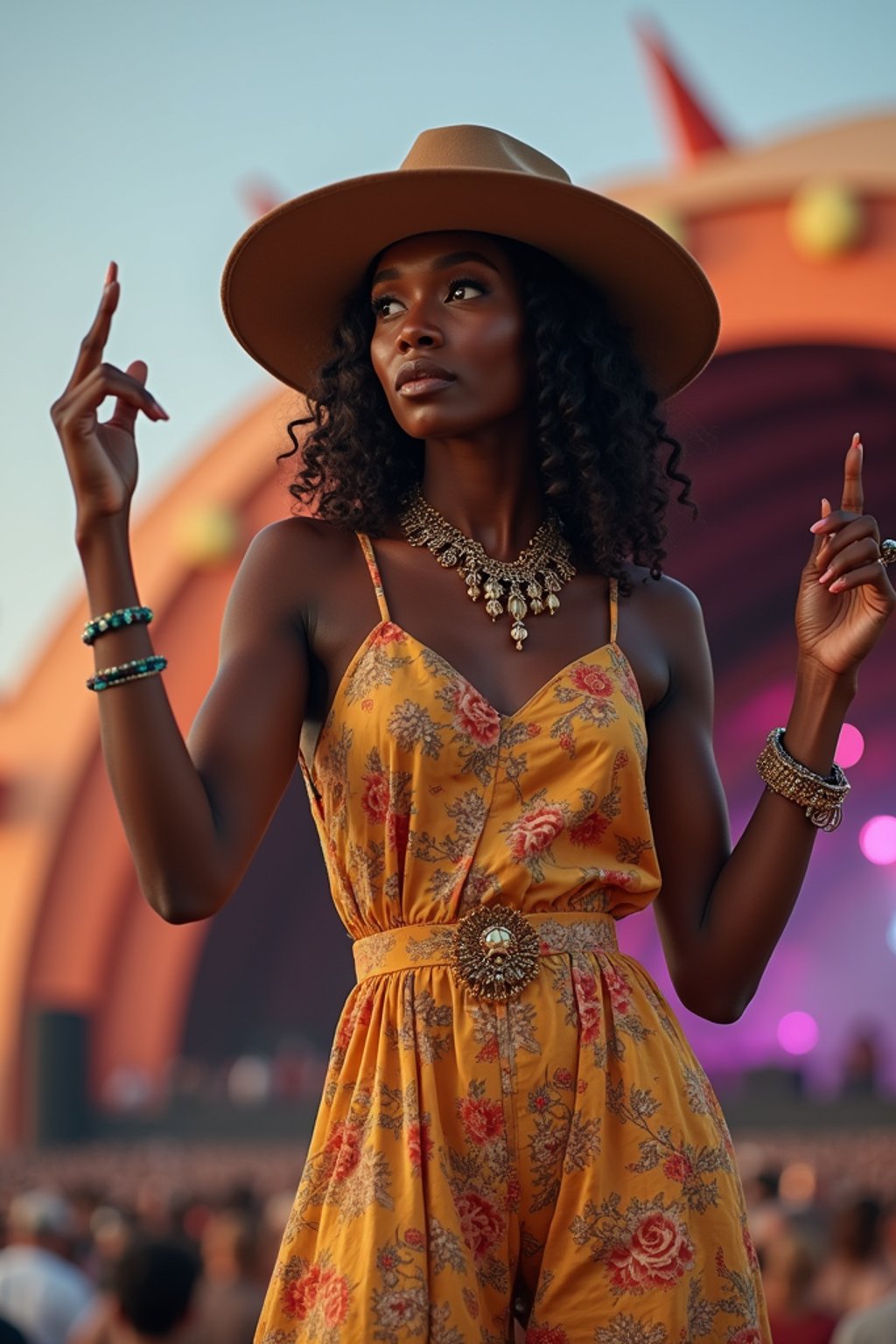 a woman in a bohemian jumpsuit and a wide-brimmed hat , striking a pose in front of a stage backdrop, capturing the excitement of a music festival