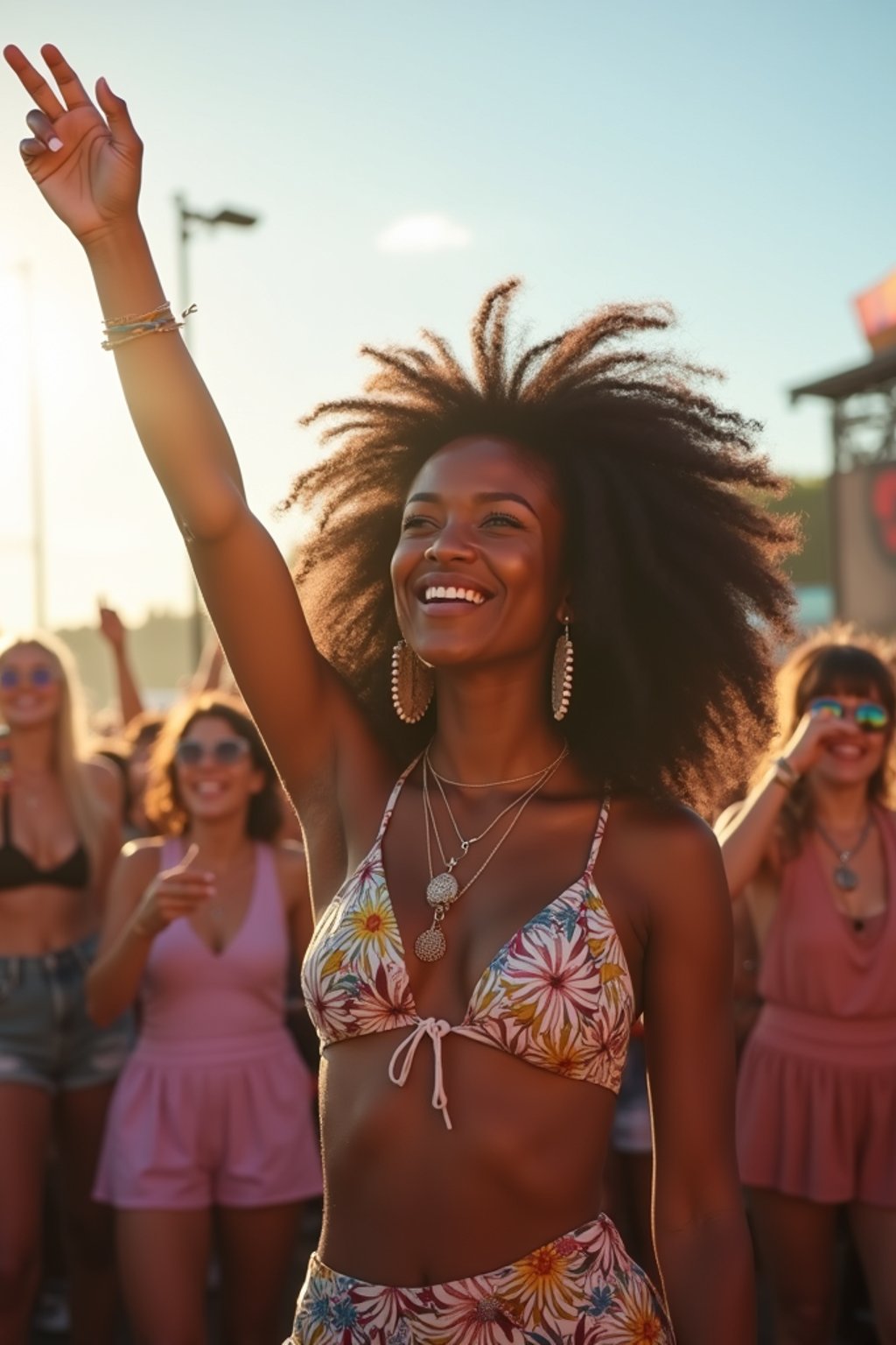 a woman enjoying the live music on a sunny day, surrounded by colorful festival-goers  and raising their hands in excitement