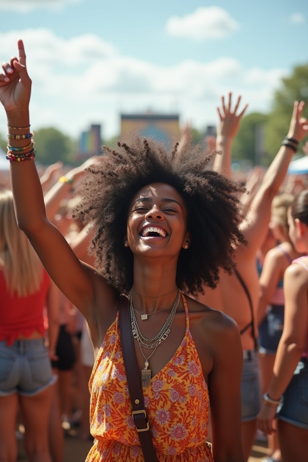 a woman enjoying the live music on a sunny day, surrounded by colorful festival-goers  and raising their hands in excitement