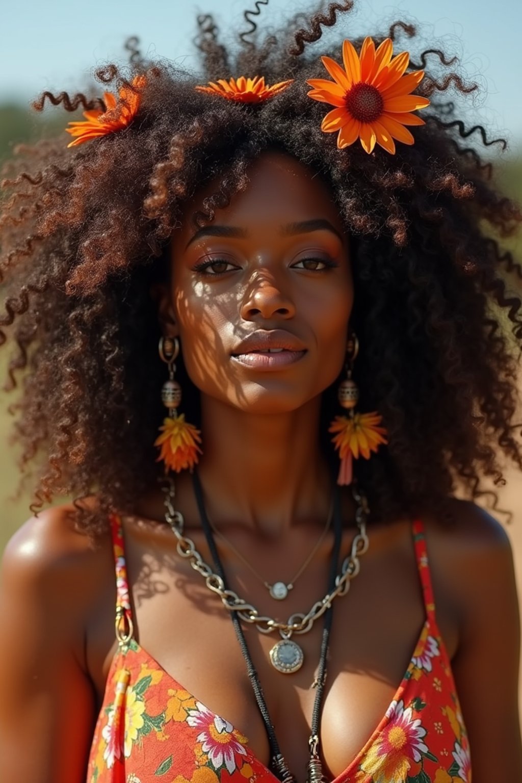 a stunning woman with flowing curly hair and flower accessories , capturing the essence of festival fashion and individuality