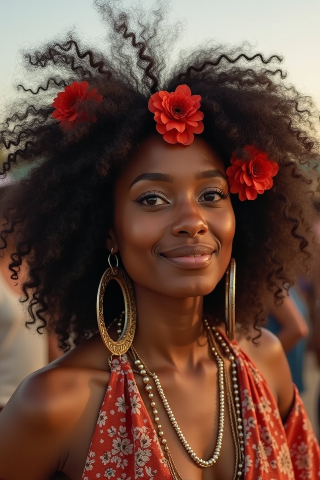 a stunning woman with flowing curly hair and flower accessories , capturing the essence of festival fashion and individuality