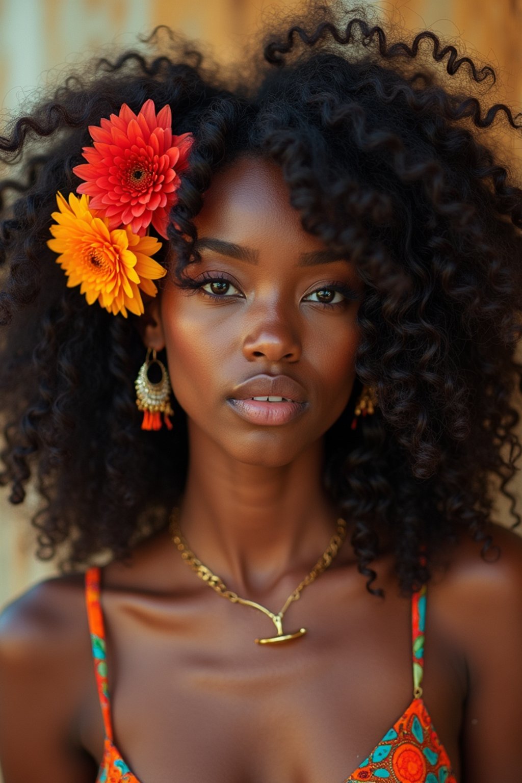 a stunning woman with flowing curly hair and flower accessories , capturing the essence of festival fashion and individuality