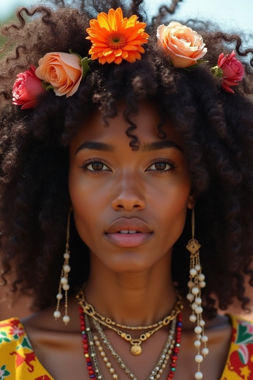 a stunning woman with flowing curly hair and flower accessories , capturing the essence of festival fashion and individuality