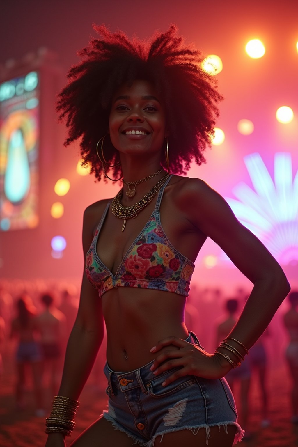 an incredibly attractive woman in a festival outfit, embracing the festival vibes and posing against a backdrop of colorful stage lights and decorations