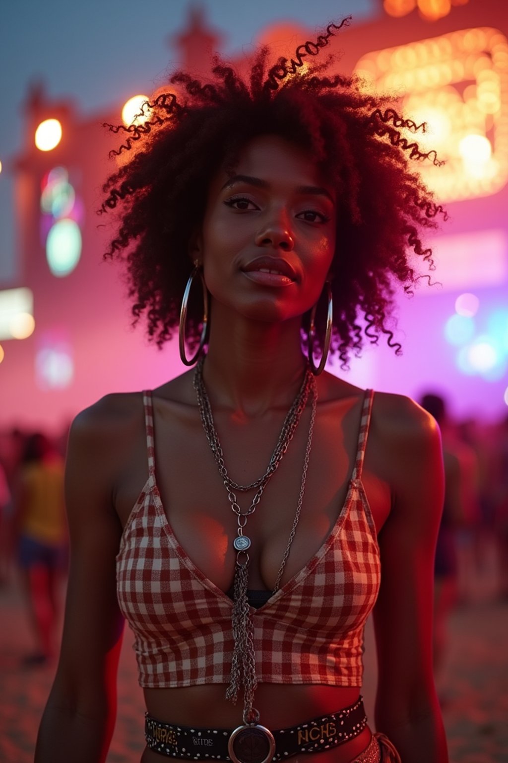 an incredibly attractive woman in a festival outfit, embracing the festival vibes and posing against a backdrop of colorful stage lights and decorations