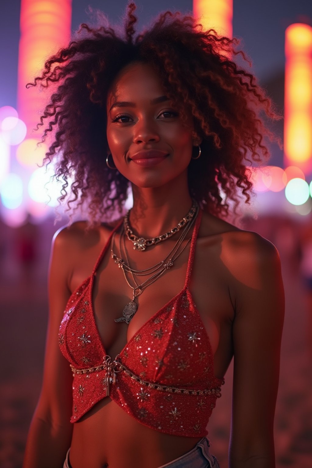 an incredibly attractive woman in a festival outfit, embracing the festival vibes and posing against a backdrop of colorful stage lights and decorations