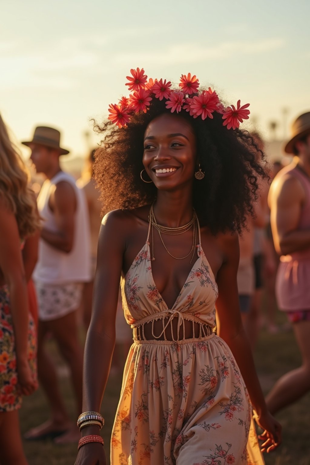 a stunning woman as a festival-goer, dancing and enjoying the music in a vibrant crowd, wearing a boho chic dress and flower crown