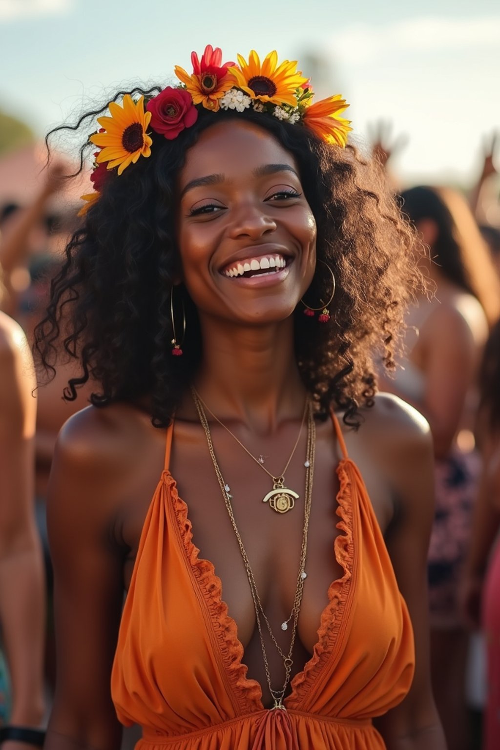 a stunning woman as a festival-goer, dancing and enjoying the music in a vibrant crowd, wearing a boho chic dress and flower crown