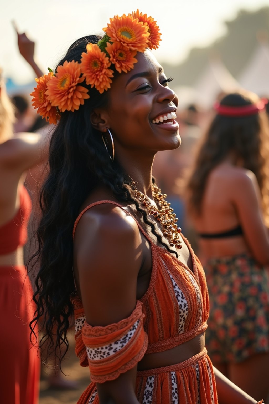 a stunning woman as a festival-goer, dancing and enjoying the music in a vibrant crowd, wearing a boho chic dress and flower crown