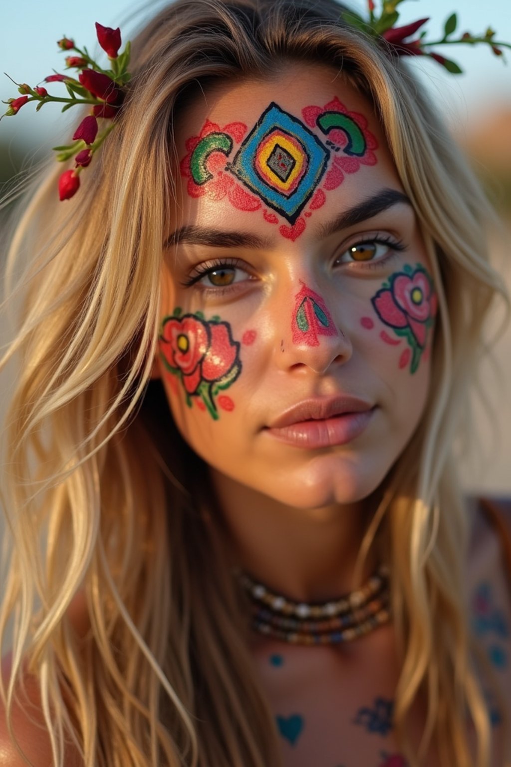 a woman with colorful temporary tattoos and henna art , adding an element of tribal and cultural inspiration to their festival look