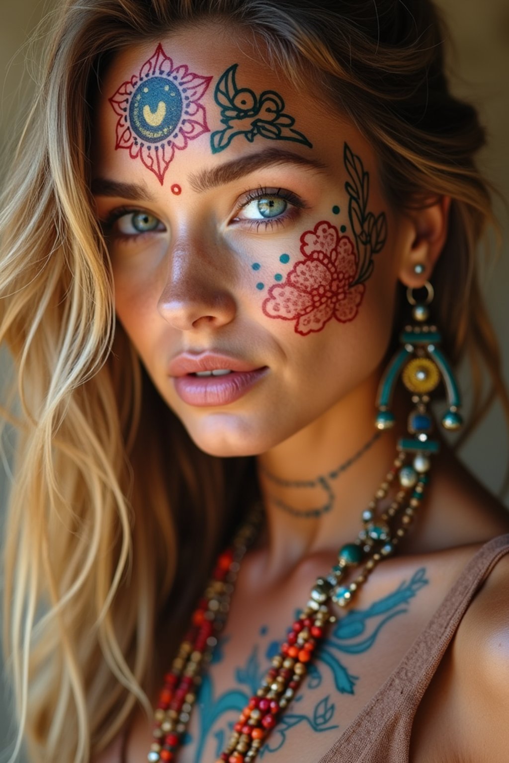 a woman with colorful temporary tattoos and henna art , adding an element of tribal and cultural inspiration to their festival look