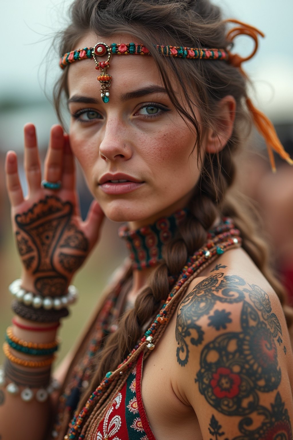 a woman with colorful temporary tattoos and henna art , adding an element of tribal and cultural inspiration to their festival look