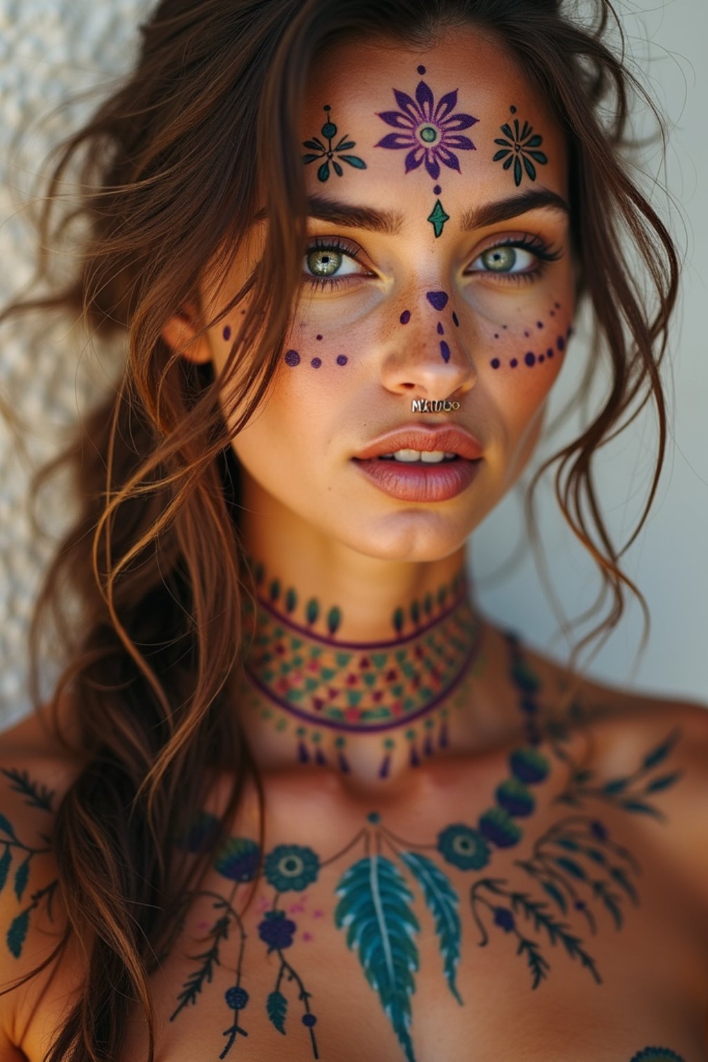 a woman with colorful temporary tattoos and henna art , adding an element of tribal and cultural inspiration to their festival look