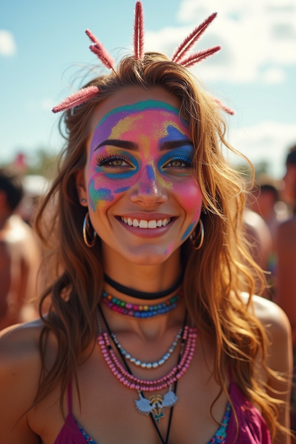 a woman with colorful festival makeup , standing out in the crowd and embracing the festival's vibrant atmosphere